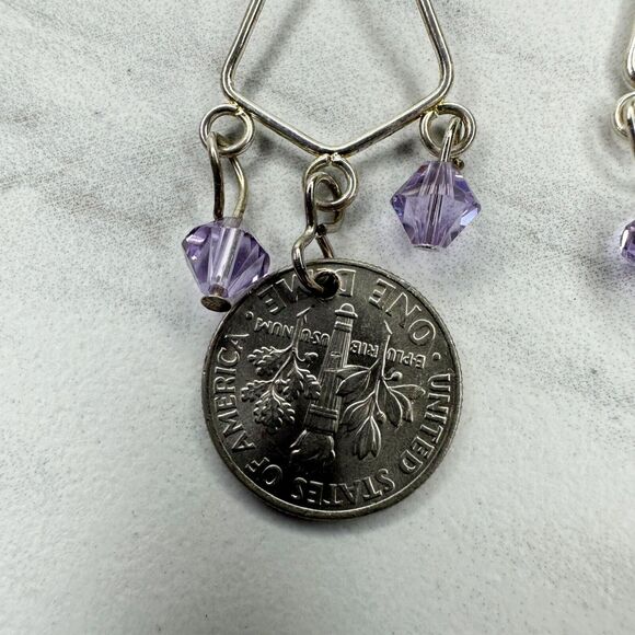 Purple Beaded US Dime Coin Dangle Earrings Pierced Pair - Picture 7 of 8